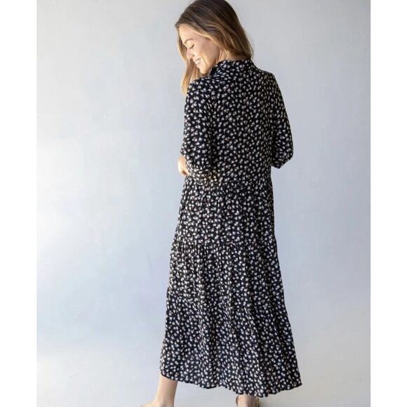 Natural Life Rebecca Black Floral Midi Dress Small Cottage Boho 3/4 Sleeves V11 - Picture 3 of 9